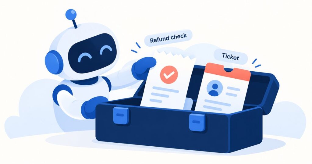 A support agent toolbox with a refund check and a ticket writer