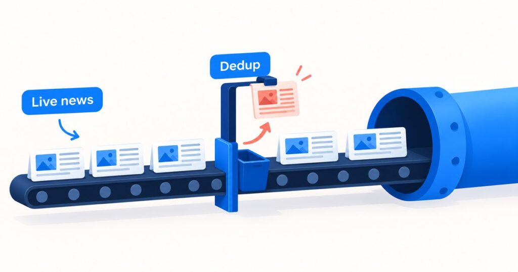 A live news feed flowing into a RAG pipeline with duplicates removed
