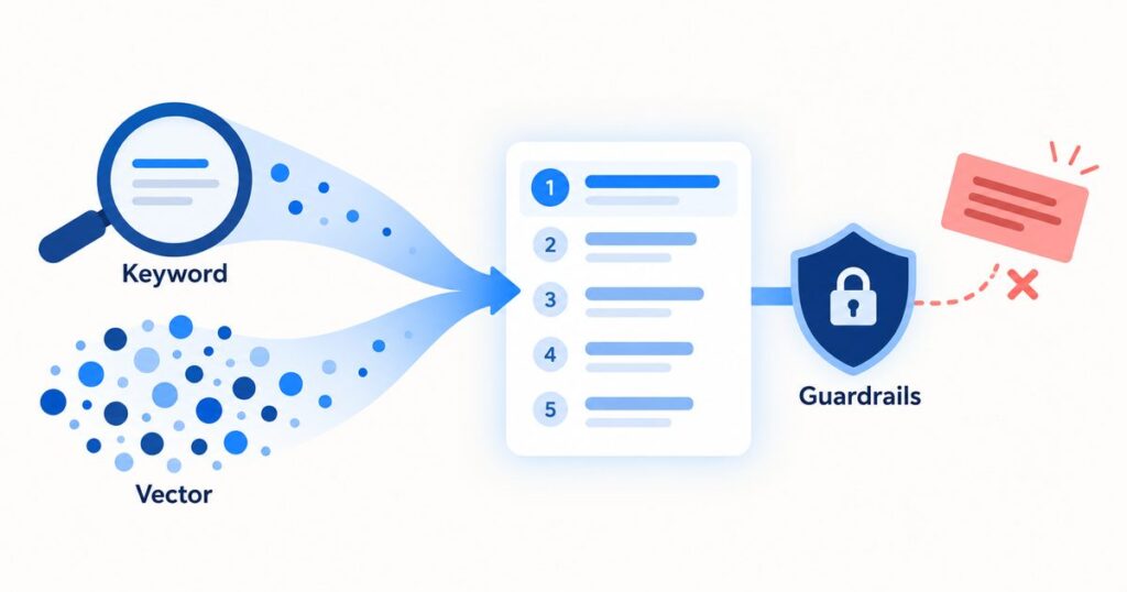Keyword and vector search combined, with a shield blocking a malicious note