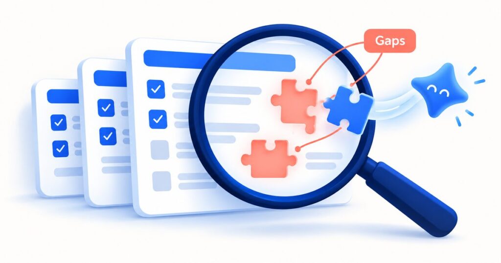 Magnifying glass revealing gaps in a stack of test cases